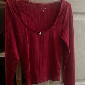 Hollister Red Ribbed Fitted Long Sleeve Blouse